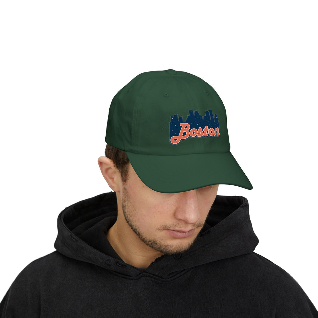Boston Skyline Dad Cap — Vintage Script Embroidered Baseball Hat