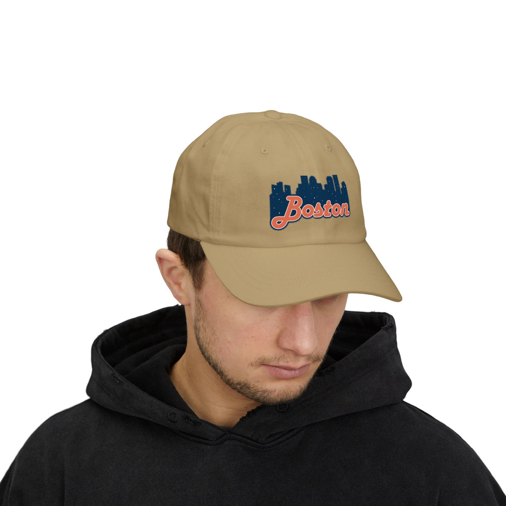 Boston Skyline Dad Cap — Vintage Script Embroidered Baseball Hat