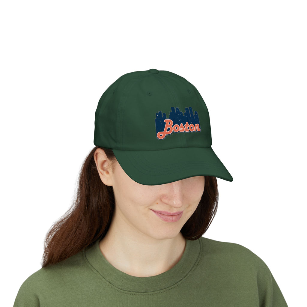 Boston Skyline Dad Cap — Vintage Script Embroidered Baseball Hat