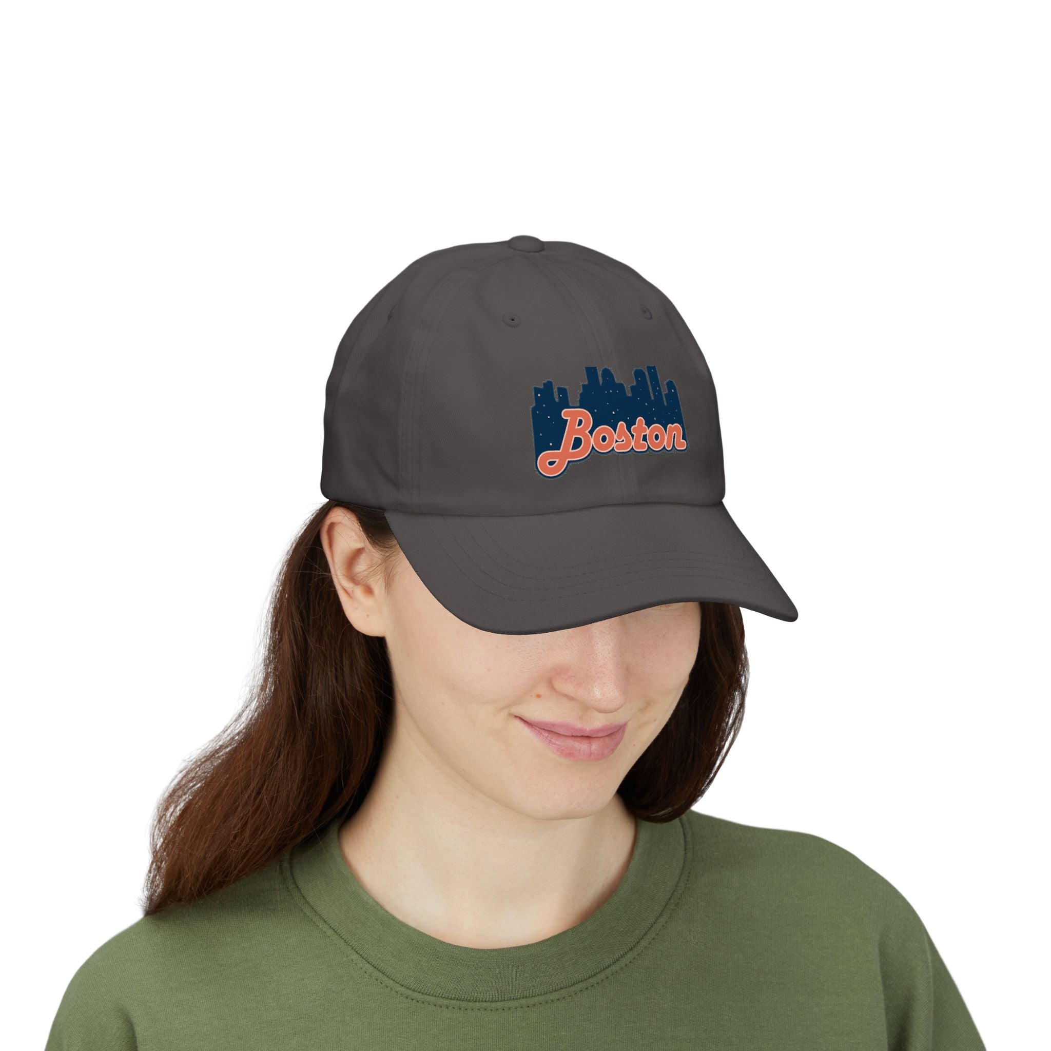 Boston Skyline Dad Cap — Vintage Script Embroidered Baseball Hat
